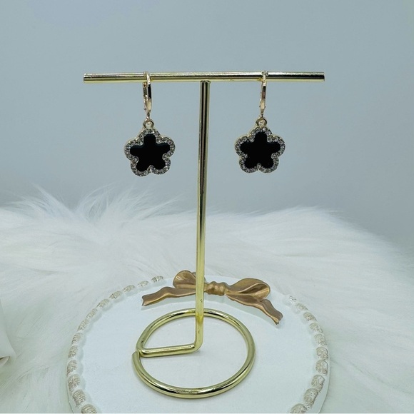 Camille Flower Black Bracelet & Sparkle Floral Rhinestones Dangle Earrings - Picture 3 of 5